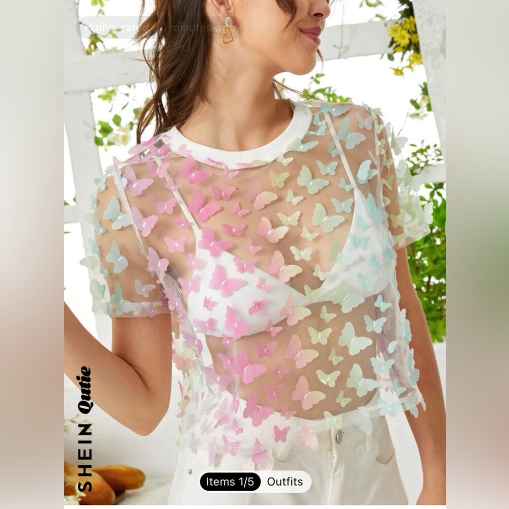 SHEIN Qutie 3D Butterfly Appliqué Detail Sheer Mesh Top